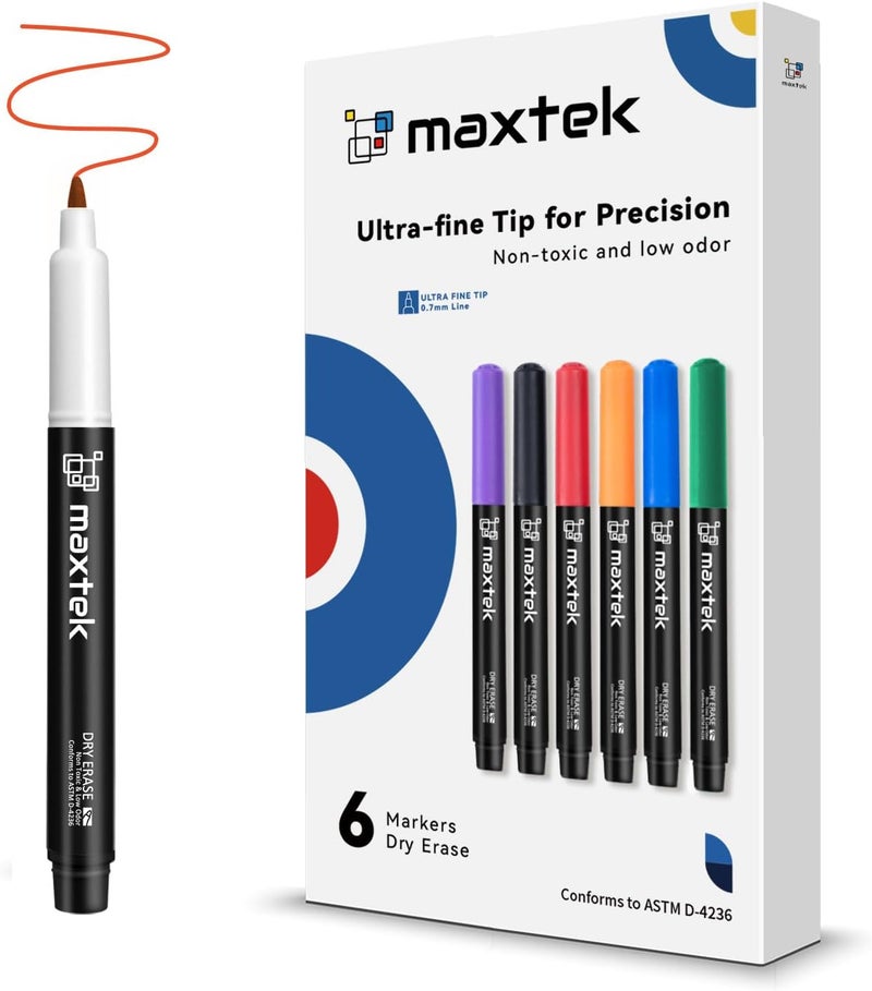 maxtek Dry Erase Markers Ultra Fine Tip, 0.7mm, Low Oror, Extra Fine Point Dry Erase Markers for Planning Whiteboard, Calendar Boards, 6 Count - Image 1